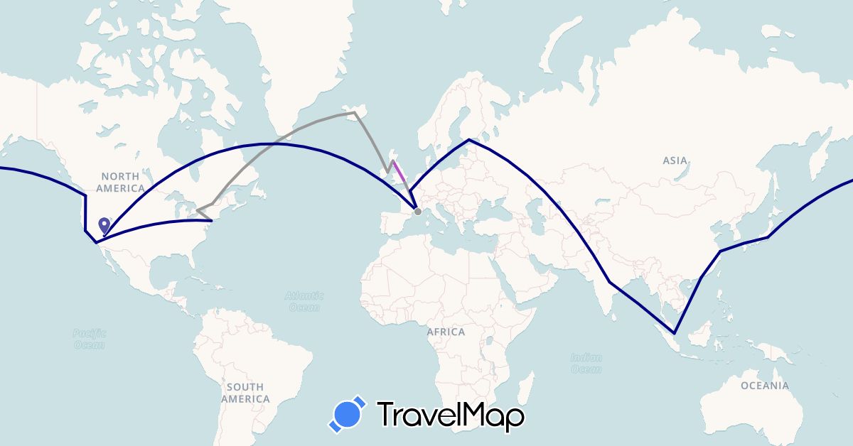 TravelMap itinerary: driving, plane, train in Canada, China, Finland, France, United Kingdom, Hong Kong, Ireland, India, Iceland, Japan, Singapore, United States (Asia, Europe, North America)