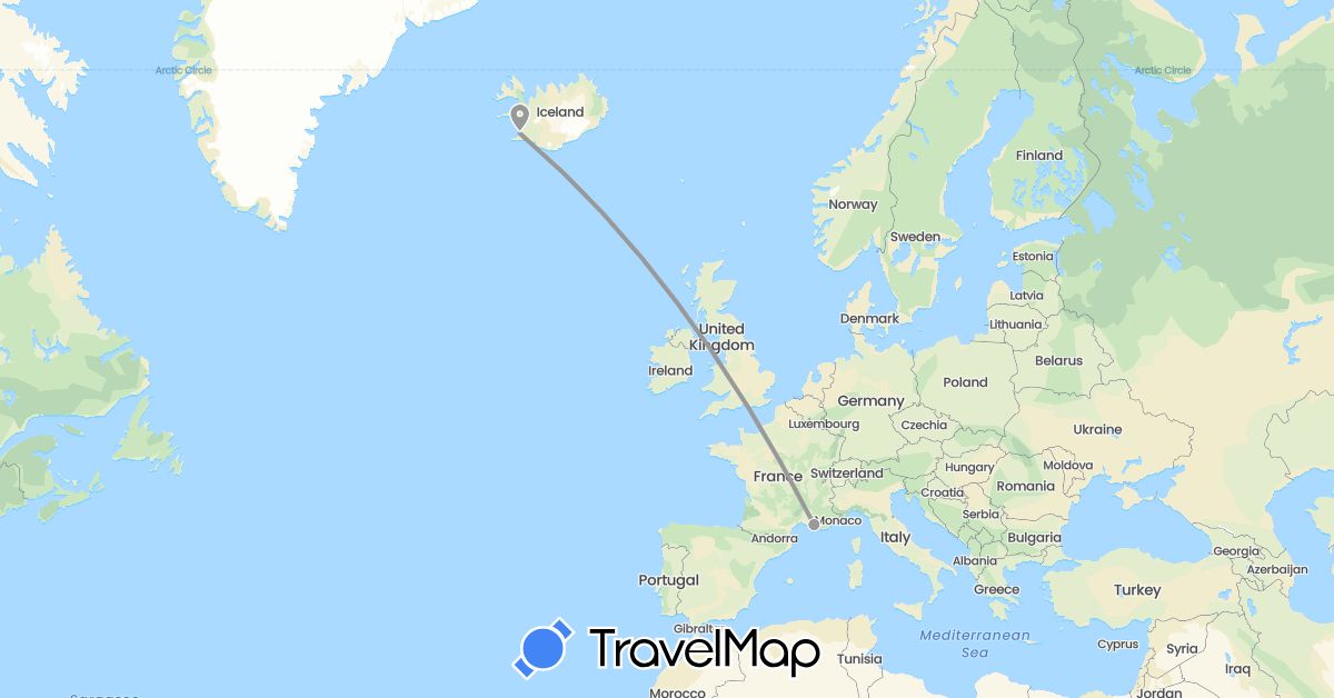 TravelMap itinerary: driving, plane in France, Iceland (Europe)